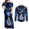 Personalized Maori Matariki Hei Matau Couples Matching Off Shoulder Maxi Dress and Long Sleeve Button Shirt Maori Kowhaiwhai Pattern Galaxy
