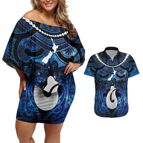 Personalized Maori Matariki Hei Matau Couples Matching Off Shoulder Short Dress and Hawaiian Shirt Maori Kowhaiwhai Pattern Galaxy