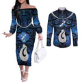 Personalized Maori Matariki Hei Matau Couples Matching Off The Shoulder Long Sleeve Dress and Long Sleeve Button Shirt Maori Kowhaiwhai Pattern Galaxy