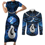 Personalized Maori Matariki Hei Matau Couples Matching Short Sleeve Bodycon Dress and Long Sleeve Button Shirt Maori Kowhaiwhai Pattern Galaxy