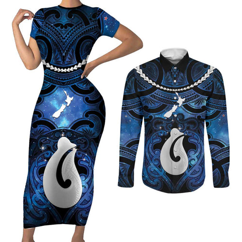 Personalized Maori Matariki Hei Matau Couples Matching Short Sleeve Bodycon Dress and Long Sleeve Button Shirt Maori Kowhaiwhai Pattern Galaxy