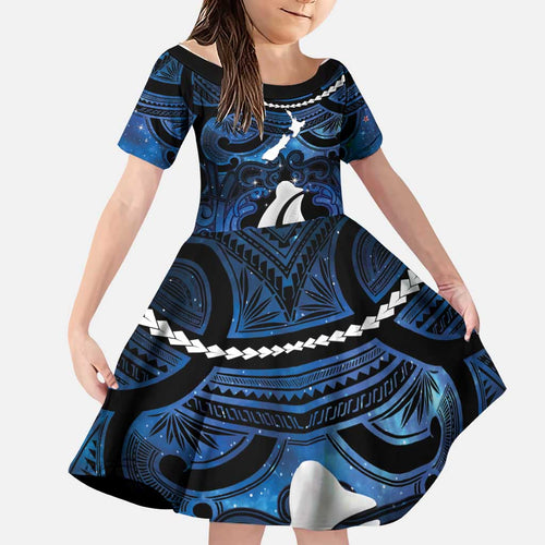 Personalized Maori Matariki Hei Matau Family Matching Off The Shoulder Long Sleeve Dress and Hawaiian Shirt Maori Kowhaiwhai Pattern Galaxy