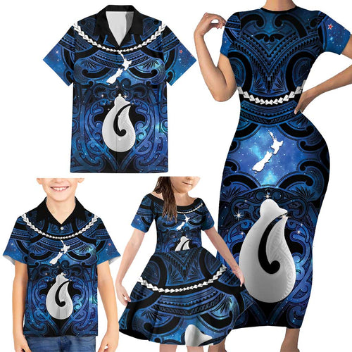 Personalized Maori Matariki Hei Matau Family Matching Short Sleeve Bodycon Dress and Hawaiian Shirt Maori Kowhaiwhai Pattern Galaxy