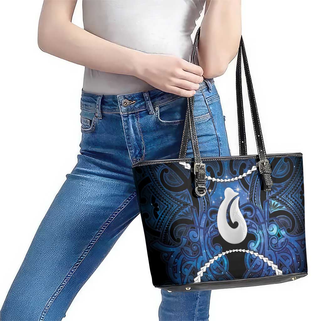 Maori Matariki Hei Matau Leather Tote Bag Maori Kowhaiwhai Pattern Galaxy