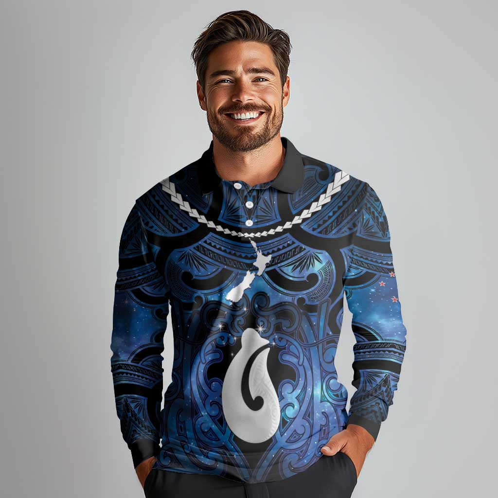 Personalized Maori Matariki Hei Matau Long Sleeve Polo Shirt Maori Kowhaiwhai Pattern Galaxy