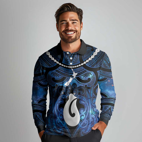 Personalized Maori Matariki Hei Matau Long Sleeve Polo Shirt Maori Kowhaiwhai Pattern Galaxy