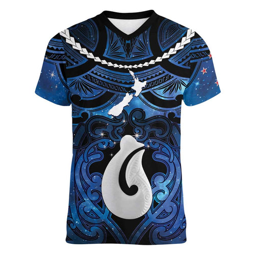 Personalized Maori Matariki Hei Matau Women V-Neck T-Shirt Maori Kowhaiwhai Pattern Galaxy