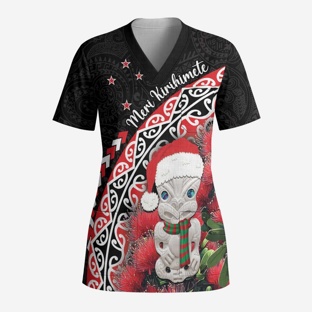 New Zealand Christmas Meri Kirihimete Scrub Top Santa Hei Tiki Pohutukawa - Aussie Hoodie
