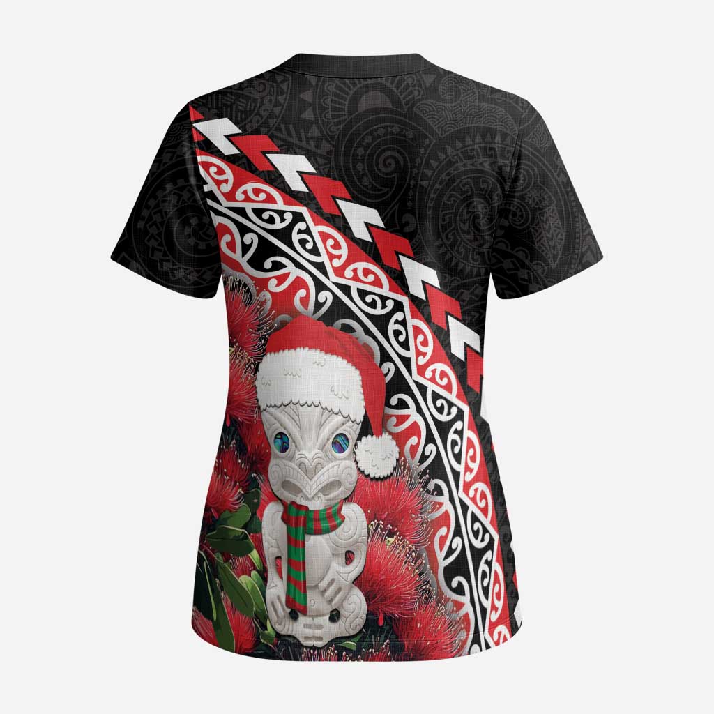 New Zealand Christmas Meri Kirihimete Scrub Top Santa Hei Tiki Pohutukawa - Aussie Hoodie