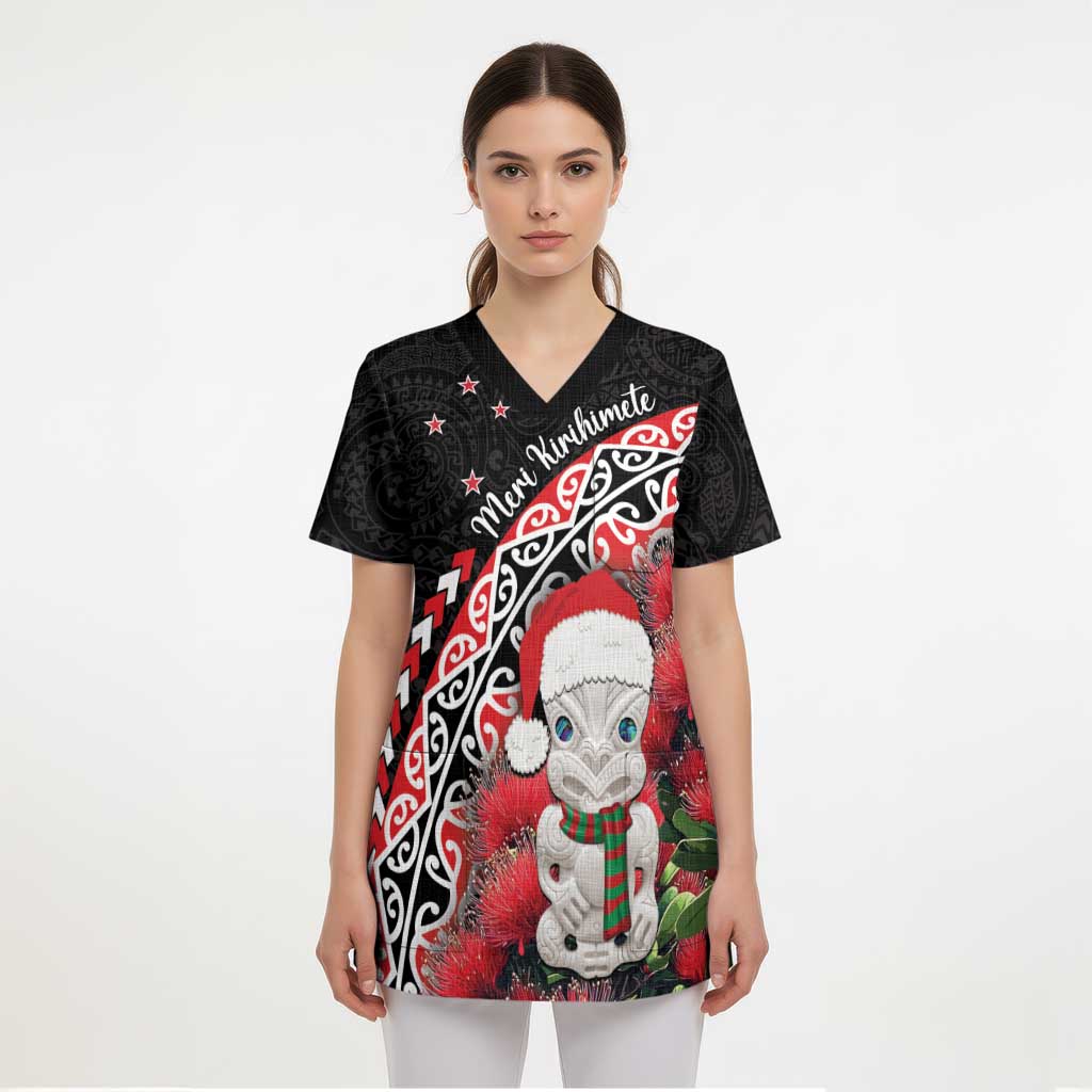 New Zealand Christmas Meri Kirihimete Scrub Top Santa Hei Tiki Pohutukawa - Aussie Hoodie