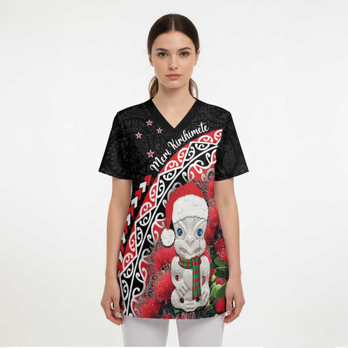 New Zealand Christmas Meri Kirihimete Scrub Top Santa Hei Tiki Pohutukawa - Aussie Hoodie