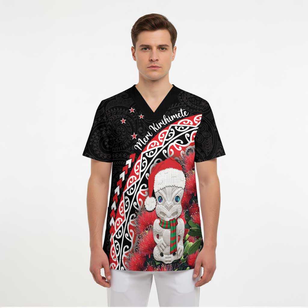 New Zealand Christmas Meri Kirihimete Scrub Top Santa Hei Tiki Pohutukawa - Aussie Hoodie