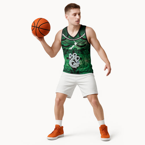 Personalised Maori Matariki Manaia Kakariki Basketball Jersey Maori Kowhaiwhai Pattern Galaxy