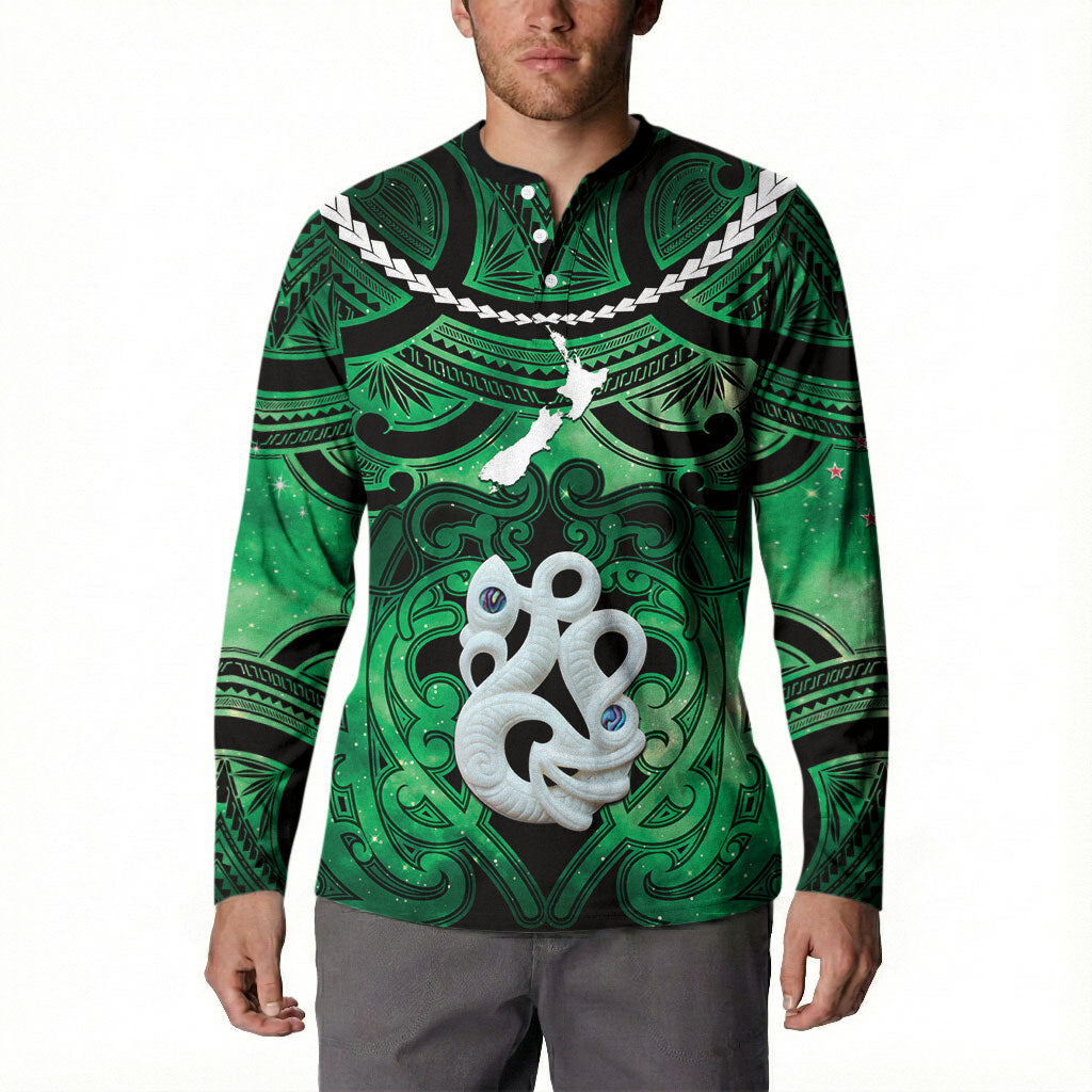 Personalised Maori Matariki Manaia Kakariki Button Sweatshirt Maori Kowhaiwhai Pattern Galaxy