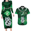 Personalised Maori Matariki Manaia Kakariki Couples Matching Long Sleeve Bodycon Dress and Hawaiian Shirt Maori Kowhaiwhai Pattern Galaxy