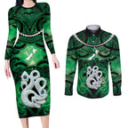 Personalised Maori Matariki Manaia Kakariki Couples Matching Long Sleeve Bodycon Dress and Long Sleeve Button Shirt Maori Kowhaiwhai Pattern Galaxy
