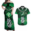 Personalised Maori Matariki Manaia Kakariki Couples Matching Off Shoulder Maxi Dress and Hawaiian Shirt Maori Kowhaiwhai Pattern Galaxy