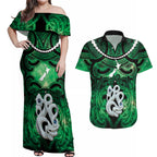 Personalised Maori Matariki Manaia Kakariki Couples Matching Off Shoulder Maxi Dress and Hawaiian Shirt Maori Kowhaiwhai Pattern Galaxy