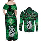 Personalised Maori Matariki Manaia Kakariki Couples Matching Off Shoulder Maxi Dress and Long Sleeve Button Shirt Maori Kowhaiwhai Pattern Galaxy
