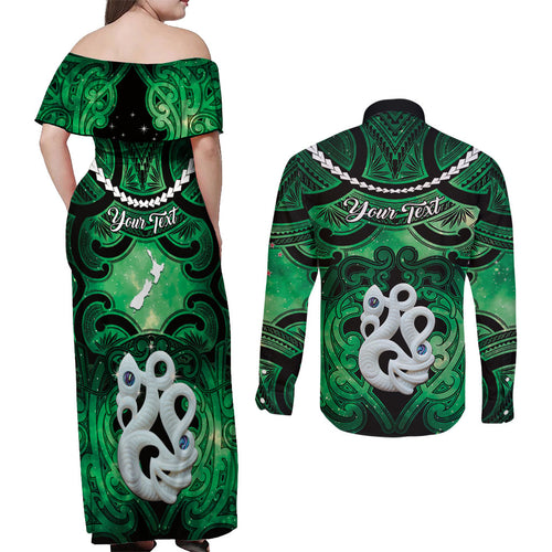 Personalised Maori Matariki Manaia Kakariki Couples Matching Off Shoulder Maxi Dress and Long Sleeve Button Shirt Maori Kowhaiwhai Pattern Galaxy