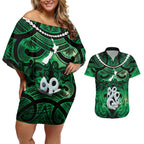 Personalised Maori Matariki Manaia Kakariki Couples Matching Off Shoulder Short Dress and Hawaiian Shirt Maori Kowhaiwhai Pattern Galaxy