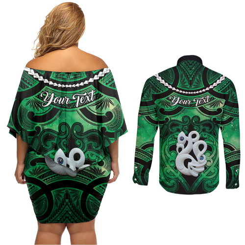 Personalised Maori Matariki Manaia Kakariki Couples Matching Off Shoulder Short Dress and Long Sleeve Button Shirt Maori Kowhaiwhai Pattern Galaxy