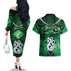 Personalised Maori Matariki Manaia Kakariki Couples Matching Off The Shoulder Long Sleeve Dress and Hawaiian Shirt Maori Kowhaiwhai Pattern Galaxy
