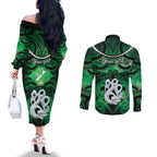 Personalised Maori Matariki Manaia Kakariki Couples Matching Off The Shoulder Long Sleeve Dress and Long Sleeve Button Shirt Maori Kowhaiwhai Pattern Galaxy