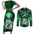 Personalised Maori Matariki Manaia Kakariki Couples Matching Short Sleeve Bodycon Dress and Long Sleeve Button Shirt Maori Kowhaiwhai Pattern Galaxy