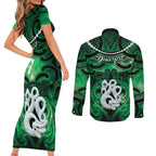 Personalised Maori Matariki Manaia Kakariki Couples Matching Short Sleeve Bodycon Dress and Long Sleeve Button Shirt Maori Kowhaiwhai Pattern Galaxy