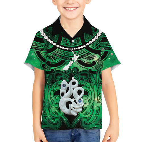 Personalised Maori Matariki Manaia Kakariki Family Matching Long Sleeve Bodycon Dress and Hawaiian Shirt Maori Kowhaiwhai Pattern Galaxy