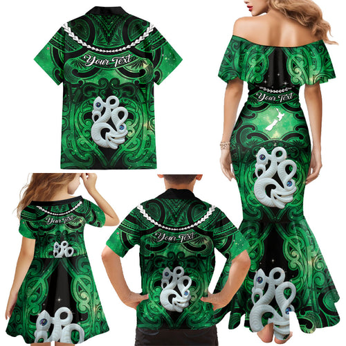 Personalised Maori Matariki Manaia Kakariki Family Matching Mermaid Dress and Hawaiian Shirt Maori Kowhaiwhai Pattern Galaxy