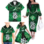 Personalised Maori Matariki Manaia Kakariki Family Matching Off The Shoulder Long Sleeve Dress and Hawaiian Shirt Maori Kowhaiwhai Pattern Galaxy