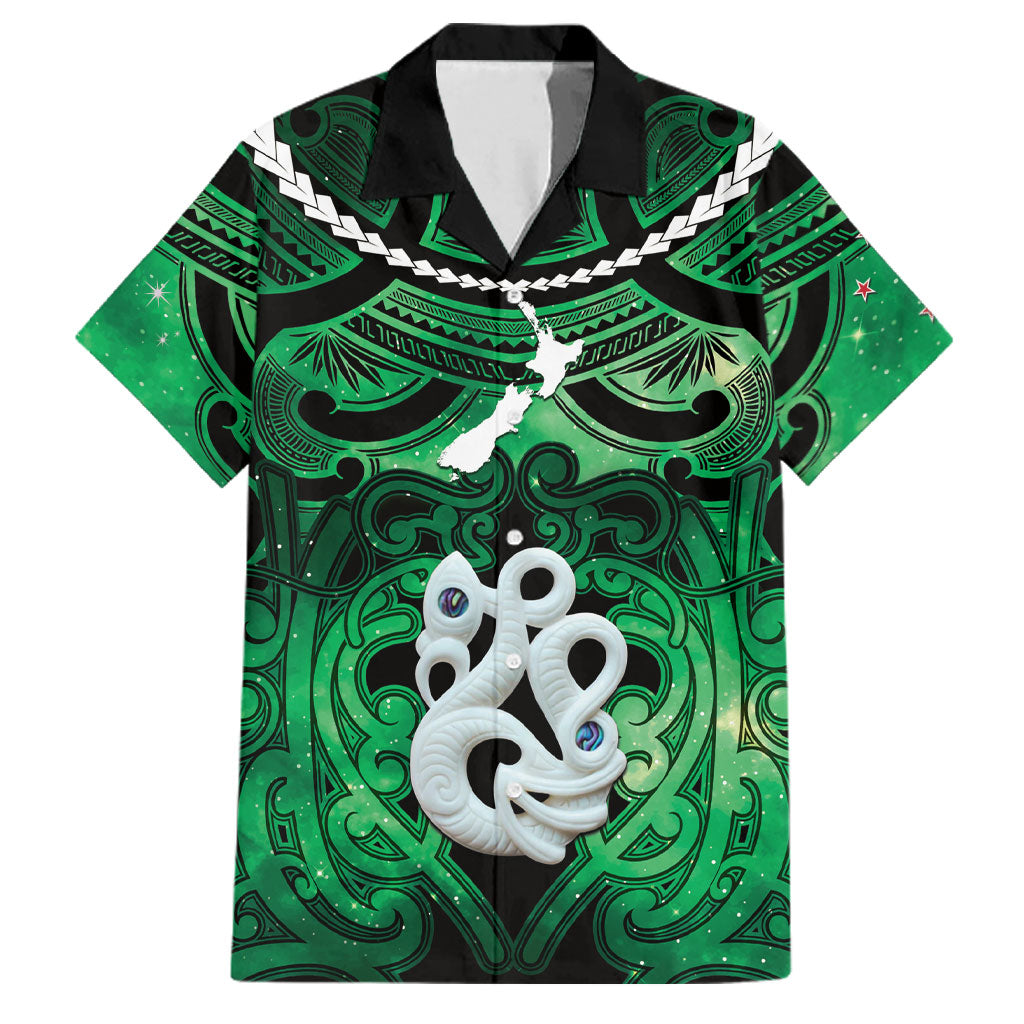 Personalised Maori Matariki Manaia Kakariki Family Matching Off The Shoulder Long Sleeve Dress and Hawaiian Shirt Maori Kowhaiwhai Pattern Galaxy