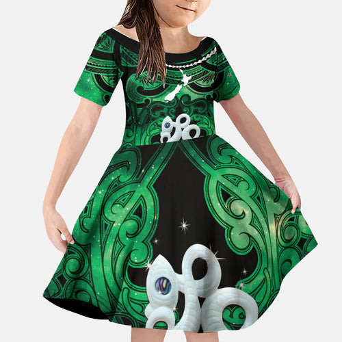 Personalised Maori Matariki Manaia Kakariki Family Matching Off Shoulder Short Dress and Hawaiian Shirt Maori Kowhaiwhai Pattern Galaxy