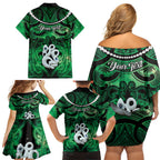 Personalised Maori Matariki Manaia Kakariki Family Matching Off Shoulder Short Dress and Hawaiian Shirt Maori Kowhaiwhai Pattern Galaxy