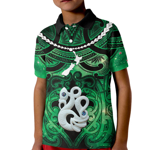 Personalised Maori Matariki Manaia Kakariki Kid Polo Shirt Maori Kowhaiwhai Pattern Galaxy