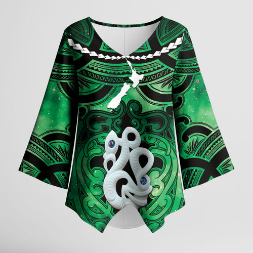 Personalised Maori Matariki Manaia Kakariki Kimono Sleeve Blouse Maori Kowhaiwhai Pattern Galaxy