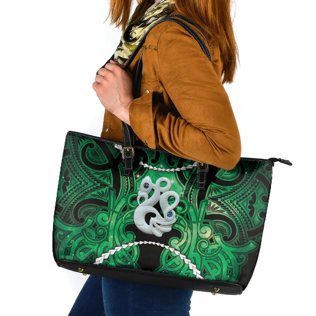 Maori Matariki Manaia Kakariki Leather Tote Bag Maori Kowhaiwhai Pattern Galaxy