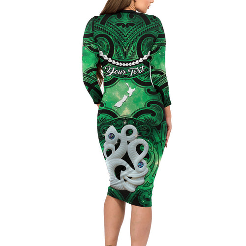 Personalised Maori Matariki Manaia Kakariki Long Sleeve Bodycon Dress Maori Kowhaiwhai Pattern Galaxy