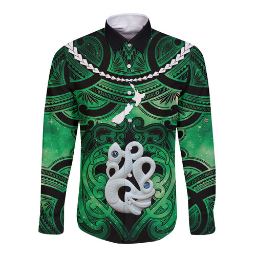 Personalised Maori Matariki Manaia Kakariki Long Sleeve Button Shirt Maori Kowhaiwhai Pattern Galaxy