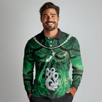Personalised Maori Matariki Manaia Kakariki Long Sleeve Polo Shirt Maori Kowhaiwhai Pattern Galaxy