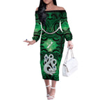 Personalised Maori Matariki Manaia Kakariki Off The Shoulder Long Sleeve Dress Maori Kowhaiwhai Pattern Galaxy