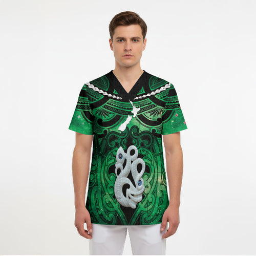 Personalised Maori Matariki Manaia Kakariki Scrub Top Maori Kowhaiwhai Pattern Galaxy