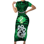 Personalised Maori Matariki Manaia Kakariki Short Sleeve Bodycon Dress Maori Kowhaiwhai Pattern Galaxy