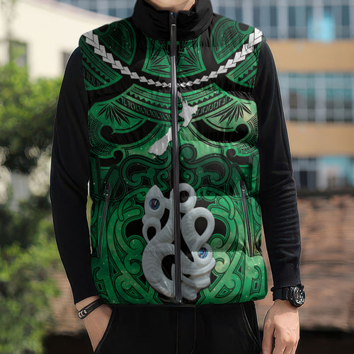 Personalised Maori Matariki Manaia Kakariki Sleeveless Puffer Jacket Maori Kowhaiwhai Pattern Galaxy