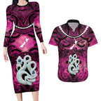 Personalised Maori Matariki Manaia Mawhero Couples Matching Long Sleeve Bodycon Dress and Hawaiian Shirt Maori Kowhaiwhai Pattern Galaxy