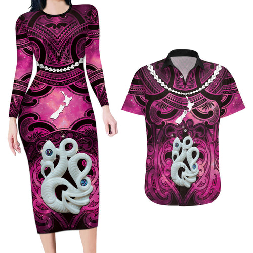 Personalised Maori Matariki Manaia Mawhero Couples Matching Long Sleeve Bodycon Dress and Hawaiian Shirt Maori Kowhaiwhai Pattern Galaxy