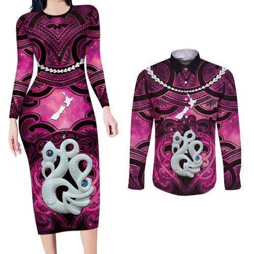 Personalised Maori Matariki Manaia Mawhero Couples Matching Long Sleeve Bodycon Dress and Long Sleeve Button Shirt Maori Kowhaiwhai Pattern Galaxy