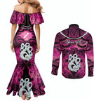 Personalised Maori Matariki Manaia Mawhero Couples Matching Mermaid Dress and Long Sleeve Button Shirt Maori Kowhaiwhai Pattern Galaxy